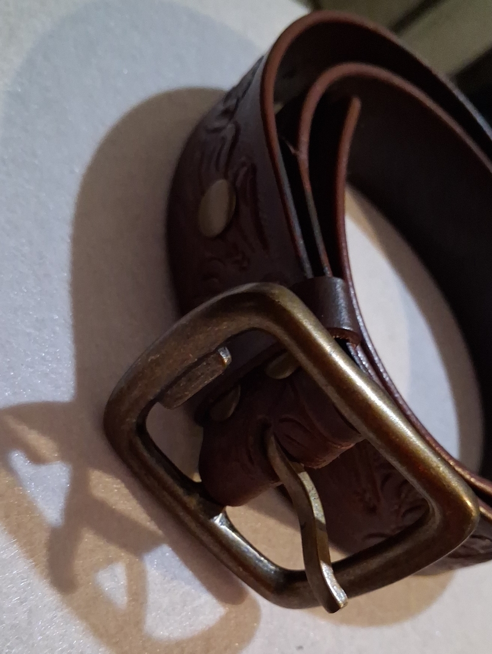 Classic Brown Leather Mens Belt with Antique Brass Buckle